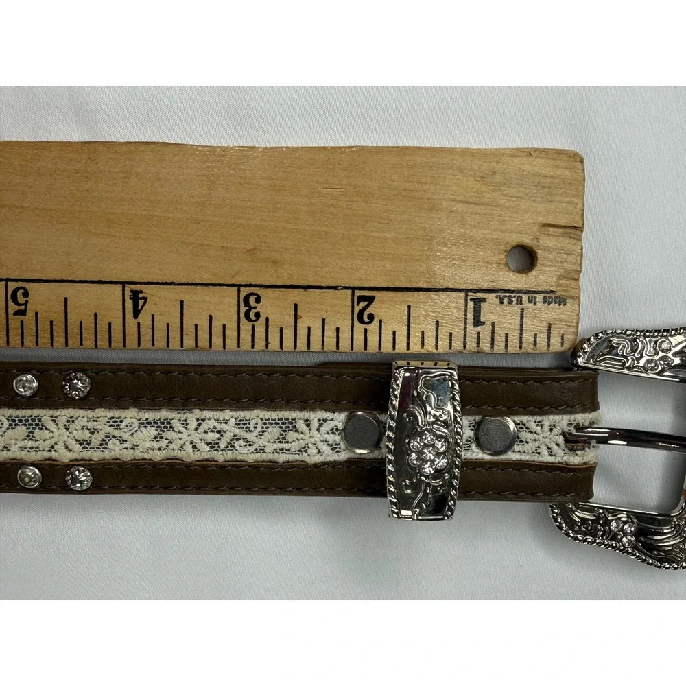 Western Brown Leather Lace Rhinestone Studded Belt Silver Floral Buckle XL A5212